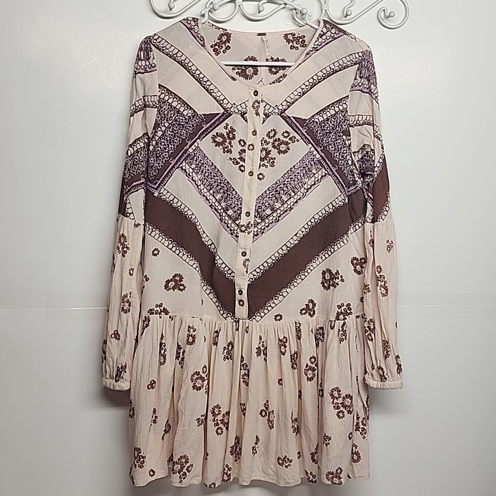 Free People Boho oversized floral brown& pink long-sleeve blouse dress w/pockets - Picture 7 of 11